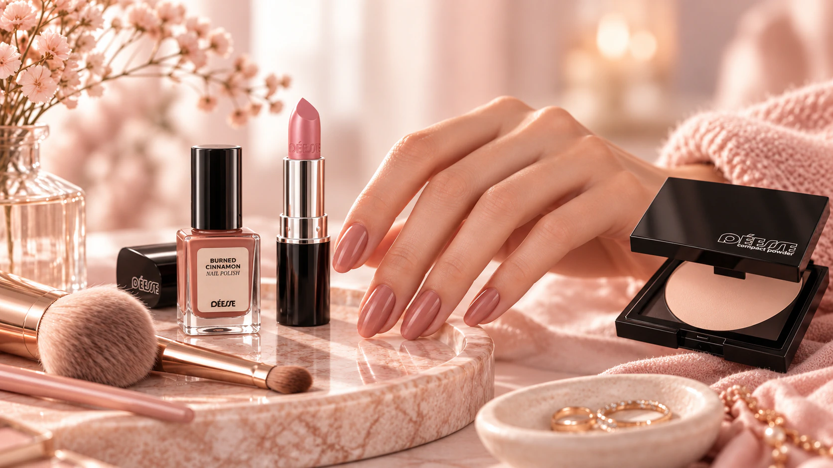 Déesse dekorative Kosmetik mit Nagellack, Lippenstift, Puder und Make-up-Zubehör