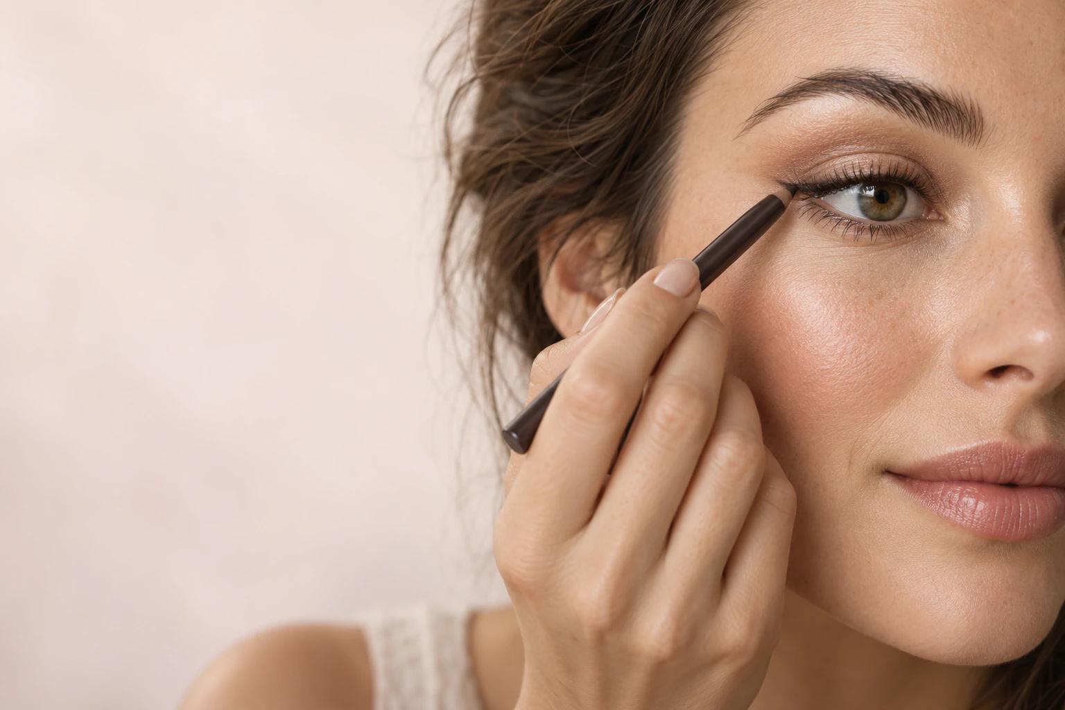 Woman applying eyeliner along her upper lash line