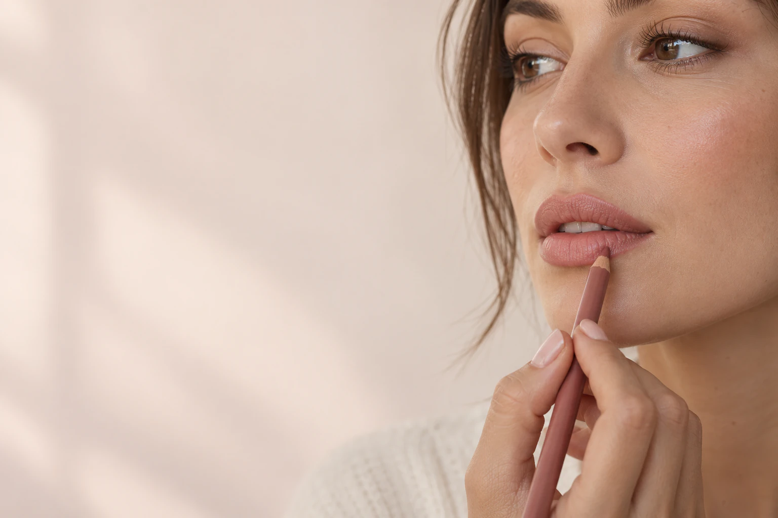Woman carefully tracing her lips with a rose-toned lip liner pencil