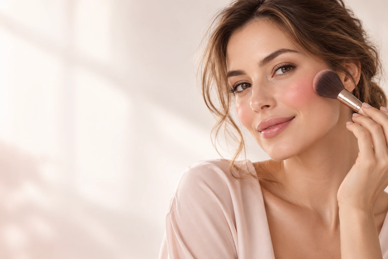 Woman applying blush with a make-up brush for a fresh-looking complexion