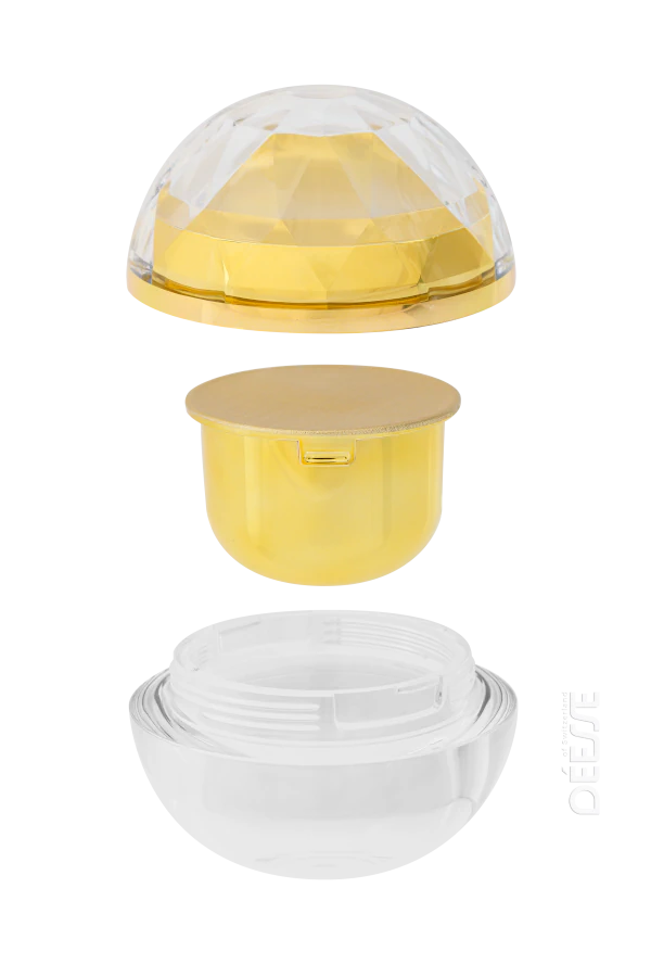 Aufbau der Déesse Aprikosenöl-Kugel mit Deckel, austauschbarem Refill-Einsatz und wiederverwendbarem Unterteil