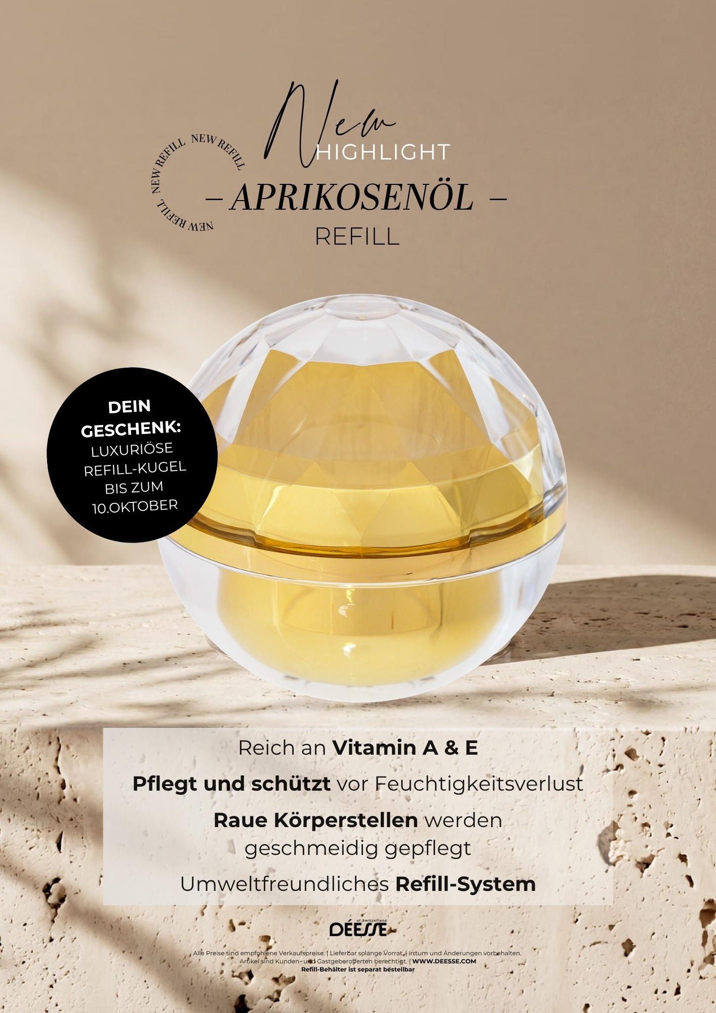 Déesse Aprikosenöl im neuen Refill-System: Refill-Kugel als Geschenk bis zum 10. Oktober